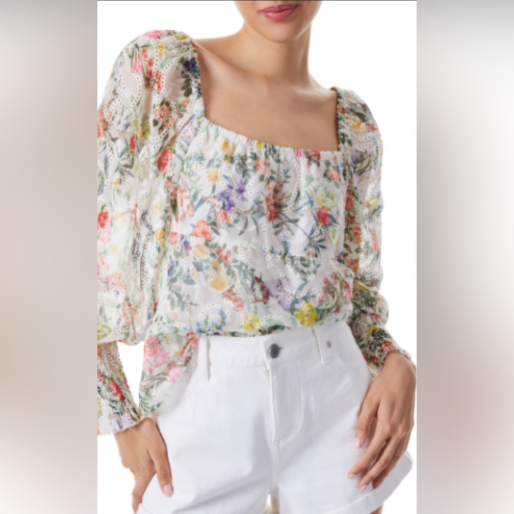 Alice + Olivia Rowa Smocked Eyelet Blouse